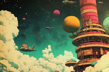 Fototapete - Retro-inspired minimalistic pop art, futuristic artistic expressions, environmental-focused art, space-themed illustrations, and textured stock images
