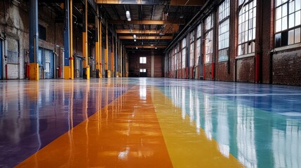 Wall Mural - Using a self-leveling process, a high-gloss epoxy coating was placed to the warehouse floor.