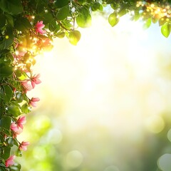 Naklejka na meble Bright blossoms on the left side, paired with greenery and a soft, sunlit summer sky filled with glowing bokeh.