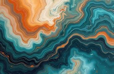 Poster - Marble ink abstract art with original painting texture. Exquisite earth tone pattern with colors, blue, orange, and green. Liquid fluid flow in wavy lines.