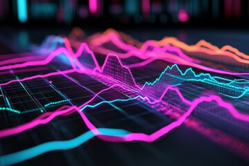 Poster - A depiction of the stock market expansion, business investments, and data analysis concepts, featuring digital financial charts, graphs, and indicators on a dark blue blurred backdrop