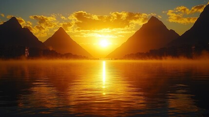 Wall Mural - Stunning Mountain Sunset Over Serene Lake with Golden Light and Cloudy Sky Reflecting on Water - Breathtaking Scenery for Nature and Landscape Lovers