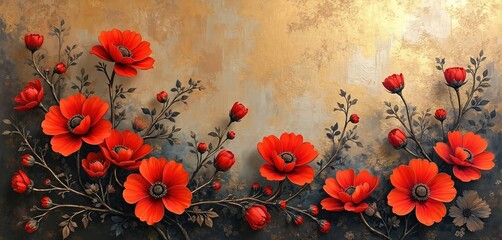 Aufkleber - Japan style painting of red poppy flowers with silver, gold background. Floral design with blossom branch on wall. Red poppies, dark leaves, light backdrop.