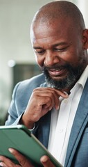 Aufkleber - Black man, tablet or thinking in office for business, reading review or economy research for investment growth. Mature professional, tech or happy in agency for good news, email contact or networking