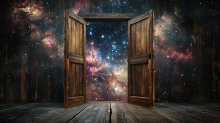 Wall Mural - wooden doors stand ajar, inviting viewers to gaze upon a breathtaking cosmic landscape. stars and co