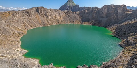 Wall Mural - Stunning Emerald Green Crater Lake Surrounded by Jagged Rocky Peaks in Volcanic Landscape Under Clear Blue Sky, Nature Beauty, Adventure Travel, Photography