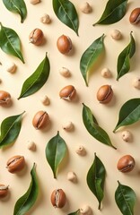 Wall Mural - Top view of hazelnuts, leaves on cream background. Healthy food concept presents nuts, plant elements arranged spontaneously in pattern. Fresh natural ingredients for vegetarian nutrition cosmetics.