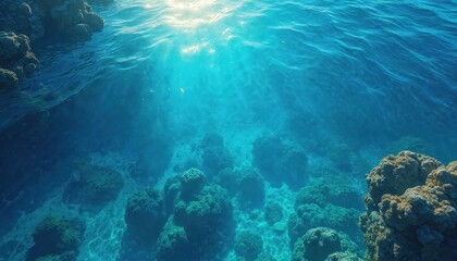 Poster - Translucent turquoise ocean water revealing marine life beneath surface. Sunbeams pierce water, light illuminates coral reefs and rocks. Underwater paradise, vibrant colors, perfect nature backdrop.