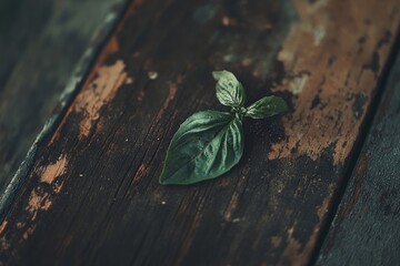 Wall Mural - sprig of basil resting on a vintage wooden table with soft lighting emphasizing the veins of the leaves