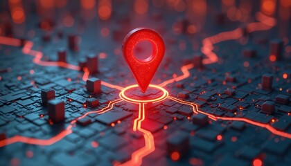 Aufkleber - Glowing red location pin hovers over futuristic tech cityscape. Digital navigation, GPS concept. Destination point, connection paths for global positioning system, maps, travel.