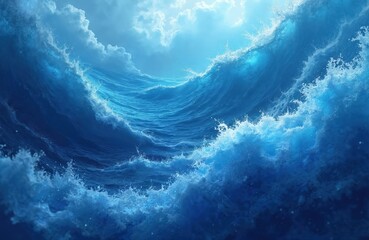 Aufkleber - Generative AI illustration of ocean waves with sapphire blue color scheme. Deep ocean water with foam and blue sky creates captivating aquatic splendor scenery.