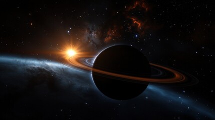Wall Mural - a dark planet with vibrant rings orbits in deep space as a bright star rises behind it, illuminating