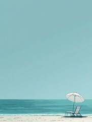 Poster - Relaxing lounge chair and umbrella on a tranquil beach with calm ocean waves under a clear blue sky. Generative AI