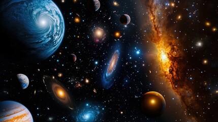 Wall Mural - stars and planets of various sizes and colors fill the dark expanse of space, showcasing a vibrant g