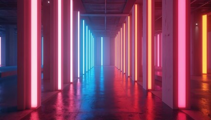 Poster - Many-colored lights illuminate a dark, empty hall with reflections on wet floor. Neon, LED lamps glow. Party, celebration, festive mood. Abstract background, decoration, and ambience.