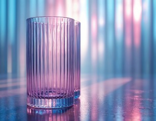 Poster - Reeded glass with ribbed pattern. Colored glass with blue, purple, silver, pink, violet reflections. Geometric crystal refraction on blurred fashion backdrop, glass texture.