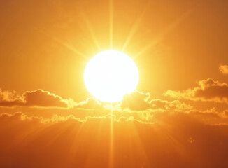 Aufkleber - Shining orange sun with beams through clouds. Hot summer sky, bright sunlight, sunshine abstract background, warm solar energy, nature extreme weather and high temperature season.