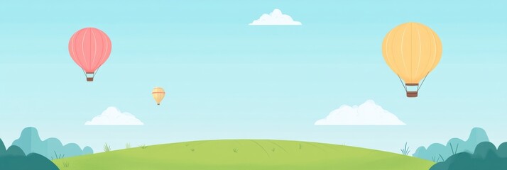 Aufkleber - Hot air balloons gently floating over a green field under a clear blue sky on a sunny day. Generative AI