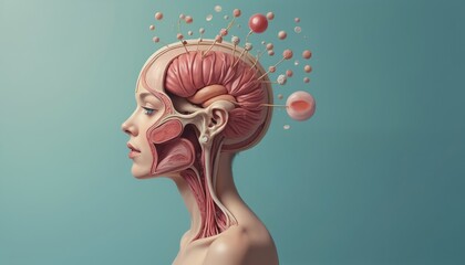 Poster - Surreal profile of human head with visible brain anatomy and small floating elements. Intricate cutaway illustration of face, skull structure and biological details on turquoise background.