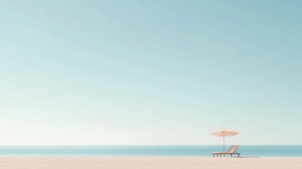 Fototapete - Relaxing at a serene beach with a lounge chair and umbrella by calm ocean waves under a clear blue sky. Generative AI