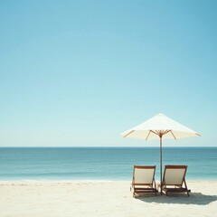 Poster - Relaxing beach setting with lounge chairs and an umbrella under a clear blue sky. Generative AI
