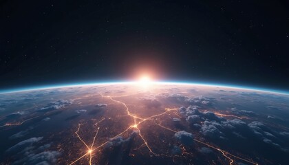 Poster - Panoramic view of Planet Earth from space. Glowing city lights illuminate continents through clouds. Sun rises over horizon. Digital illustration of global communication, urban tech.