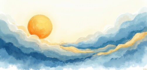 Aufkleber - Watercolor illustration of sky with bright yellow sun. Blue clouds, golden sand waves. Abstract background with water colour paints, texture. Baby, children design, travel banner, poster, card