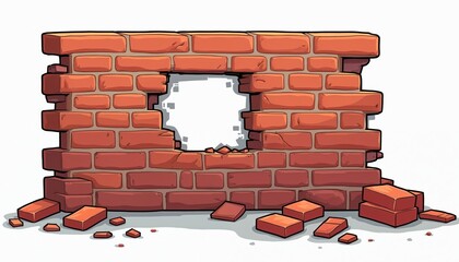 Aufkleber - Cartoon illustration of brick wall with missing bricks creating hole. Grunge fractured texture. Old damaged stone building framework. Urban industrial architecture, design element for game background.