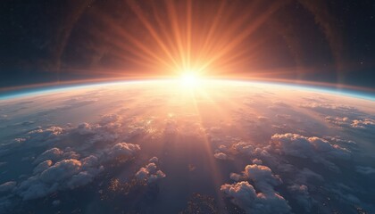 Aufkleber - Panoramic view on planet Earth globe from space. Glowing city lights, clouds. Fantasy universe satellite view. Exploration of horizon, solar sunlight, orbit geography stratosphere.