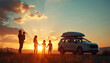 © miss irine - Happy family with kids travel by car, watch sunset on nature. Parents, children silhouettes near vehicle. Family auto journey, road trip vacation holiday concept.