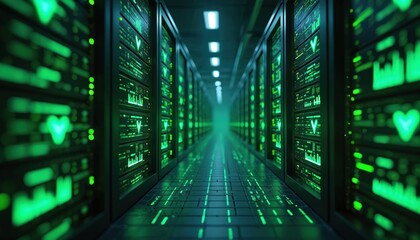 Leinwandbilder - Futuristic data center with illuminated servers, green checkmarks, graphs. Successful server operations, validations. Digital network, data storage, system optimization, infrastructure, access,