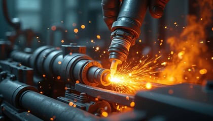 Leinwandbilder - Close-up of robotic welding with sparks. Automated arm welds steel pipe, industrial machinery. Illustrates engineering innovation, manufacturing power, motion, dynamism. Sparks fiery energy,