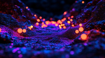 Poster - Wave featuring multiple dots. Network of shining particles joined by lines. Abstract digital background. 3D rendering