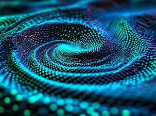 Poster - An abstract design featuring a blue and black backdrop, showcasing a fractal graphics series made up of glowing lines and mosaic halftone effects, rendered in 3D