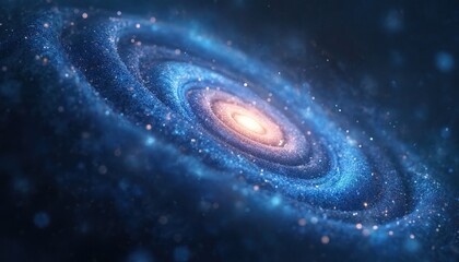 Poster - Cosmic blue galaxy with sparkling stars, ethereal light in deep space. Swirling universe nebula astronomy particles shimmer. Celestial night glow abstract background.