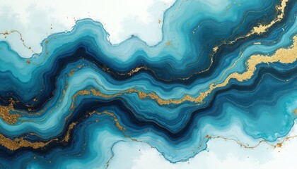 Aufkleber - Abstract blue and gold illustration. Golden stains on cyan marble alcohol ink drawing. Turquoise geode with kintsugi effect template for festive wedding cards.