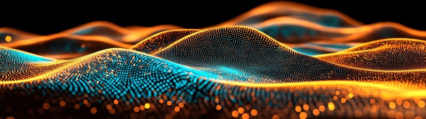 Poster - Abstract wave of particles and lines, featuring a hexagon, big data, network or connection, presented as a widescreen illustration on a digital background, 3D rendering