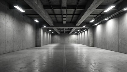 Aufkleber - Empty basement parking lot in industrial style. Abstract modern minimal cast concrete background. Floor perspective with ceiling lights. Underground urban car parking space.