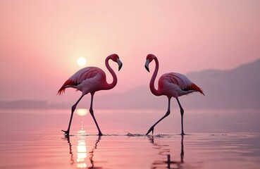 Pair of pink flamingos walk on the lake at pink sunset in Cyprus. Beautiful romantic concept, journey to south, love and pink dream, pink lake scenery.