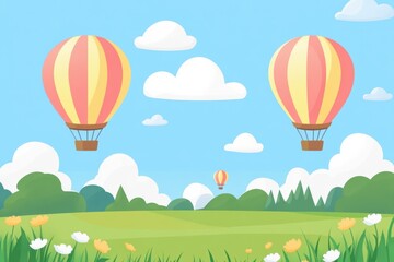 Poster - Hot air balloons ascend over vibrant fields with gentle clouds under a clear sky. Generative AI