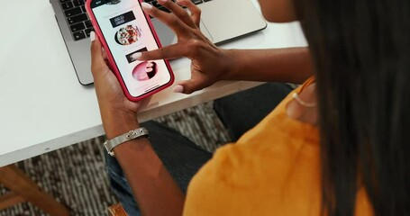 Aufkleber - Employee, hands and woman with phone screen, menu and order food with online shopping. Person, closeup and writer with laptop, cellphone and catalog with options, decision and choice for lunch