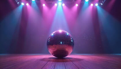 Poster - Disco ball on concert stage with blue, magenta lights. Nightclub retro atmosphere, glowing sphere creating glistering sparkles. Nightlife scene evokes fun, entertainment, celebration, dancefloor,
