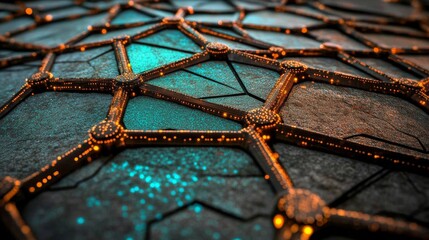 Poster - Abstract ideas in cybersecurity technology and digital data safeguarding. Internet connection secured by polygons, dots, and lines intertwined in blurry visuals with a dark blue backdrop