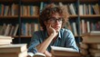 © miss irine - Young curly-haired man sits in library with books, contemplates leaning on hand. Thoughtful student reads in glasses. Intellectual education concept, research, learning inspiration.