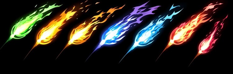 Wall Mural - In a realistic 3D modern illustration, a high-speed meteor zooms through outer space with a falling asteroid and comet trailing flames and dust, creating a light trail. Cosmic magic is portrayed