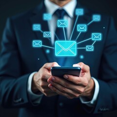 Poster - Man in suit uses smartphone for email marketing, promotion. Digital message, newsletter sending, connection. Mobile online automation, business lead campaign, global communication. Multimedia