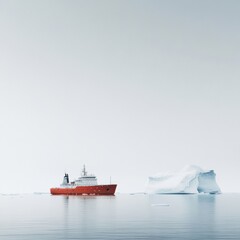 Fototapete - Research vessel navigates icy waters near large iceberg in Arctic region during overcast conditions. Generative AI