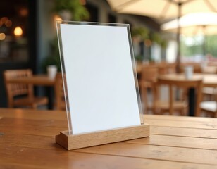 Blank menu frame mock-up stands on wooden table in bar restaurant. White paper acrylic card for booklets for customer text insertion. Clean modern illustration. Copy space.