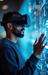 Aufkleber - Software engineer interacts with virtual reality interface using vr headset. Developer coding, programming. Futuristic innovation, visual cyberspace, information datum. Connection to network.