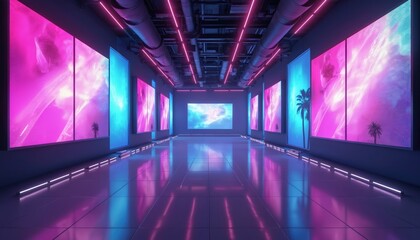 Poster - Virtual TV show background with neon lights, screens. Ideal for tech infomercials, launch events. Modern studio backdrop with futuristic design, sci-fi mood.